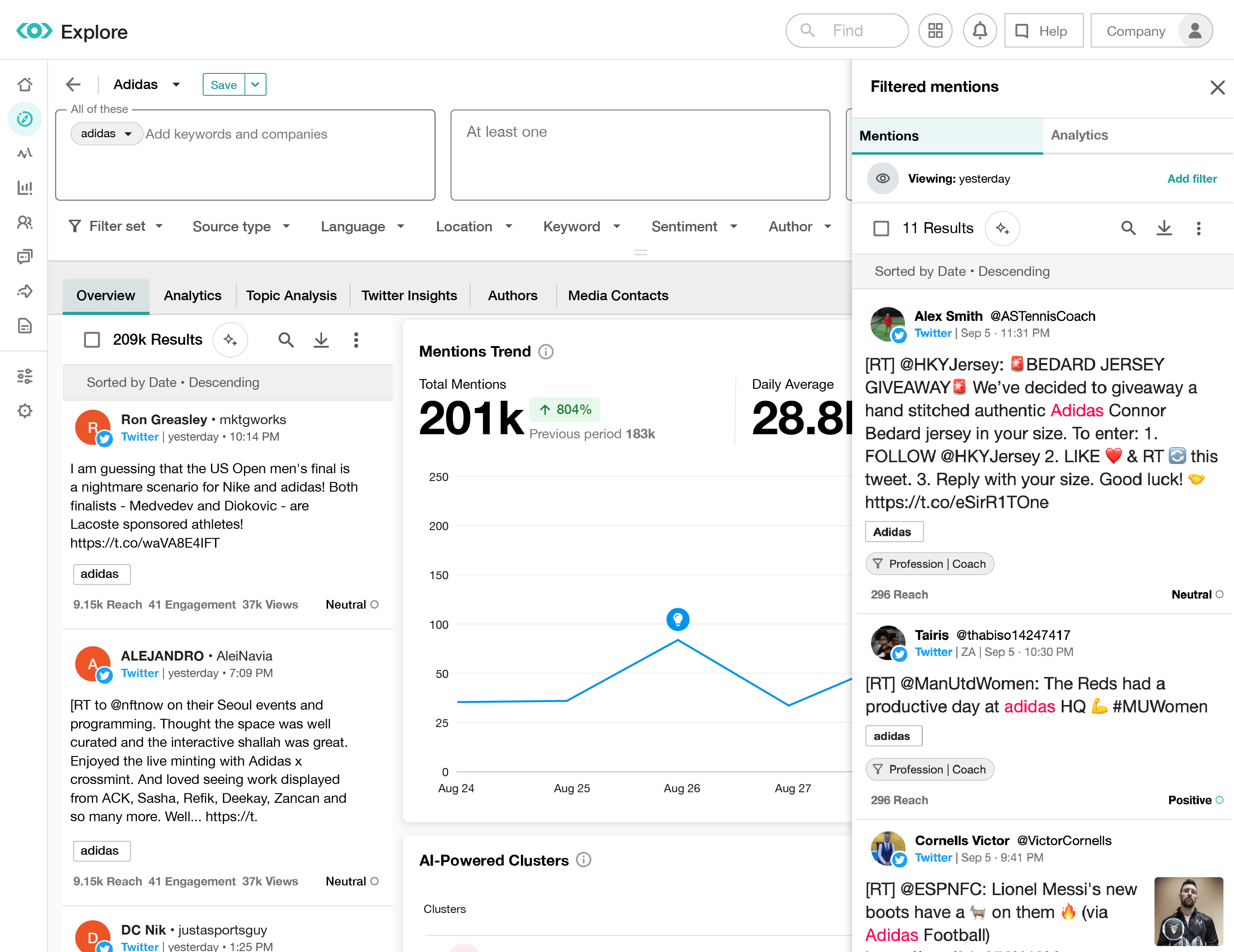Meltwater Explore provides an overview of recent posts, mentions, insights, and more.