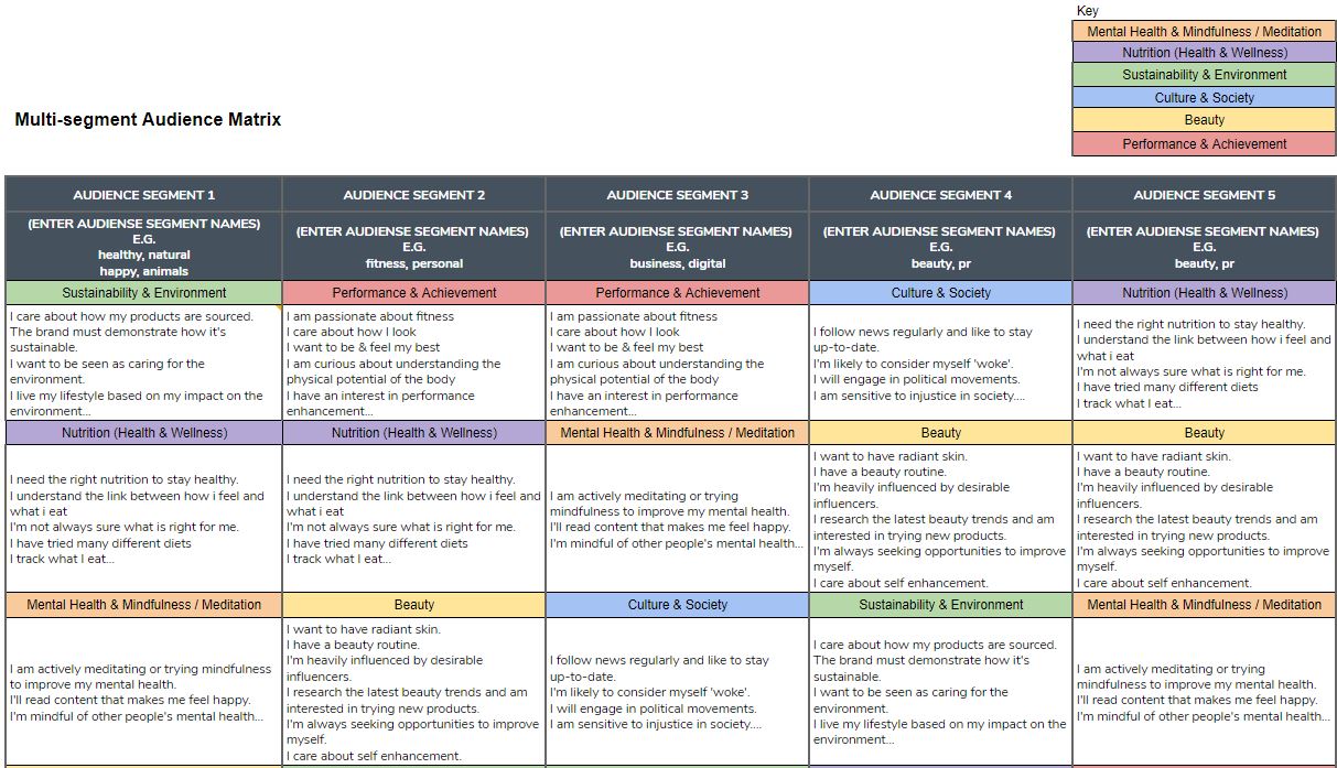 Multi-segment audience&nbsp;(buyer persona) matrix example for UK vitamin&nbsp;& supplements industry