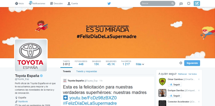 Perfil de Twitter de Toyota personalizado para el Día de la Madre