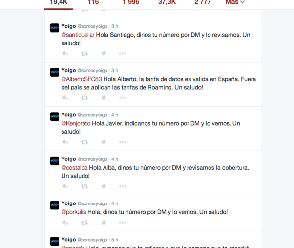 Yoigo ofrece respuestas casi idénticas a sus usuarios